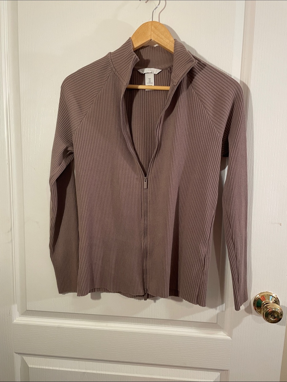 H&M Ribbed Zip-Front Cardigan in Taupe